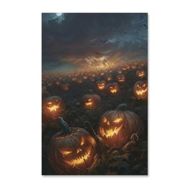 Imagem de HouLaiZhe Pôster de Halloween Remendo Abóbora Morcegos Tela Terror Impressões de Arte de Parede Decorações de Halloween Decoração de Parede Estética Gótica para Sala de Estar Quarto 11 x 17 polegadas