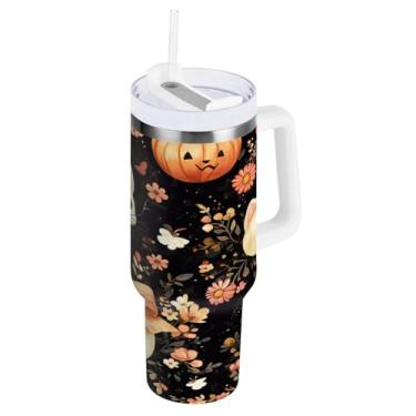 Imagem de STAYTOP Copo de caveira de açúcar de Halloween de 850 g com tampa e canudo, copo isolado de aço inoxidável durável à prova de vazamento com alça, garrafas de água à prova de derramamento para viagens