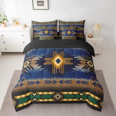 Imagem de O jogo de cama geométrica do sudoeste inclui edredom, conjunto de lençóis, fronhas e fronhas, conjunto de cama Queen Tribal Blue Green Brown em uma bolsa, para decoração de quarto, arte moderna