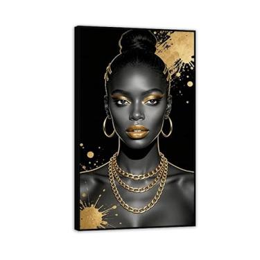 Imagem de Arte de parede em tela feminina dourada preta afro-americana decoração de parede abstrata preta dourada feminina pôster impresso arte para sala de estar quarto decoração de casa 60 x 100 cm (24 x 39