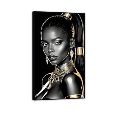 Imagem de SDYJ6GSW Arte de parede em tela de mulher afro-americana preta dourada imagem de parede de menina negra retrato pintura moderna sala de estar quarto decoração de casa 70 x 120 cm (28 x 47 pol) moldura