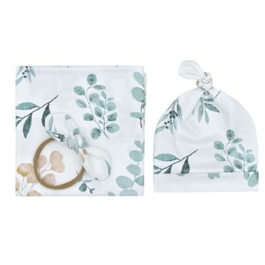 Imagem de BxuanW Conjunto de chapéu de faixa de cabeça para recém-nascidos com estampa de bebê menina cobertor recém-nascido hospital roupa de banho infantil presente 0-3 meses (folhas verdes)