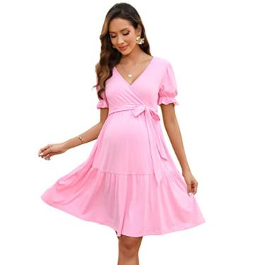 Imagem de BODDYSIZE Vestido feminino de maternidade com decote em V, manga curta, para gravidez, casual, amarrado, cintura alta, evasê, cor lisa, vestido midi, rosa, G