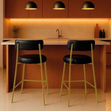Imagem de Banqueta Cozinha Média Com Encosto Industrial Dourado Kit 2 Londres Pu D03 - D`rossi Cor Preto