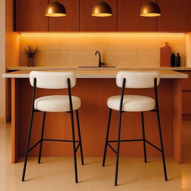 Imagem de Banqueta Cozinha Média Com Encosto Industrial Preto Kit 2 Londres Pu D03 - D`rossi Branco