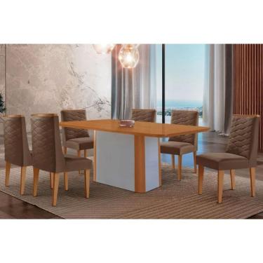 Imagem de Sala Jantar Mesa Pietá Tampo Curvo 180cm+6 Cadeiras Dafne Madeira Naturale/Off White - Capuccino/Suede Marrom - Rufato