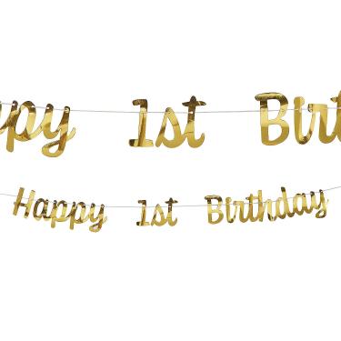 Imagem de Fun Express Guirlanda de cartolina pronta para pendurar de 2,1 m x 17,78 cm dourada feliz primeiro aniversário