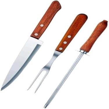 Imagem de Kit 3 Pecas Para Churrasco Com Cabo de Madeira - Aco Inox