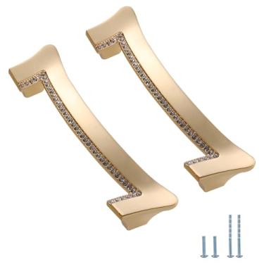 Imagem de Evionlin Pacote com 2 puxadores de armário de cristal dourado puxadores de armário de cozinha 5,04 polegadas (128 mm) Puxadores modernos de gaveta de centro a furo para puxador de armário quarto