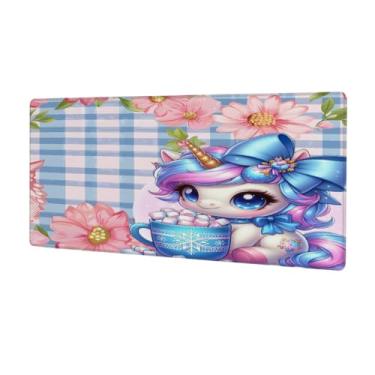 Imagem de hongjinglin Tapete de rato bonito de unicórnio azul grande à prova d'água para computador tapete protetor de mesa com base de borracha antiderrapante para escritório, computador, teclado, laptop e