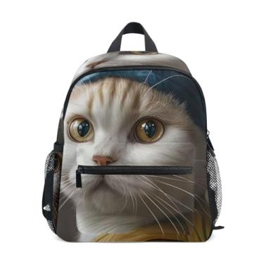 Imagem de GAIGEO Cute Cat with Pearl Earrings Little Kid Backpack, 10x4x12 In, Backpack for Toddler Girls Includes Water Bottle Pockets, Whistle Clip for Safety
