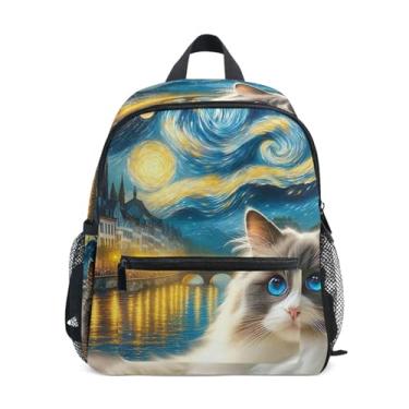Imagem de GAIGEO Ragdoll Cat Starry Night Cute Little Kid Backpack 10x4x12 In, Girls Mini Backpack with Water Bottle Pockets, Whistle Buckle