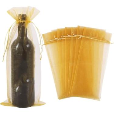 Imagem de AKOAK 12 unidades de sacos de vinho de organza, sacos de presente de garrafa de vinho de 37 cm x 14 cm com cordão, bolsas de presente de vinho de malha transparente para lembrancinhas de presente de