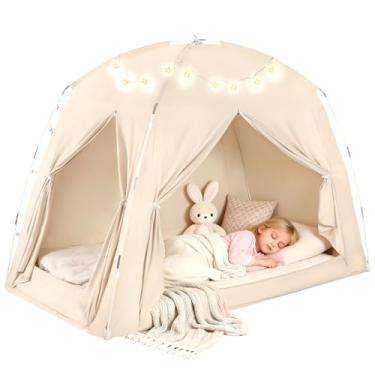 Imagem de Tendas de cama para crianças e adultos, portátil 100% respirável e 85% blackout, tenda de jogo dos sonhos, 3 portas grande privacidade espaço dossel para dormir para chão ou cama casal casal queen