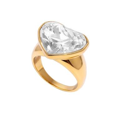 Imagem de OIDIMS Anéis de coração de strass grosso para mulheres, banhado a ouro, aliança eternidade, imitação de pedra de cristal, compromisso, coração, empilhável, anel grosso, chique, coquetel, festa