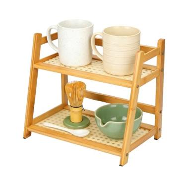Imagem de Palksky Prateleira de estação Matcha e organizador de estação Matcha de bambu, prateleira de vime de 2 camadas para canecas de café, plantas, chá, suporte de exibição de estação Matcha e acessórios