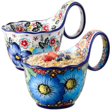 Imagem de LemonRoad Pacote com 2 tigelas de sopa de 425 g com alça de cerâmica pintada à mão cerâmica polonesa decorativa para micro-ondas com alça para tigela de cereais mãe ótima para frutas, guisado de