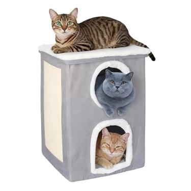 Imagem de Casinha Cama Torre Arranhador para Gatos 3 Andares Dobrável 40x40x60cm(Cinza)