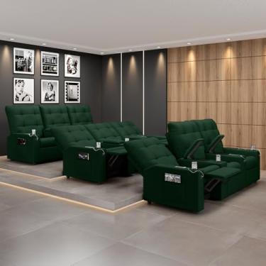 Imagem de Poltrona do Papai Reclinável Sala de Cinema Movie 3 Lugares Manual Baú USB Veludo Verde Esmeralda