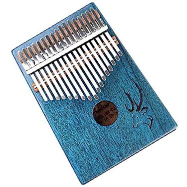 Imagem de Piano de polegar Kalimba de 17 teclas, mogno puro, tom bonito, fácil de transportar, fácil de aprender, padrão de veado azul marrom, som original (cor: marrom) (azul)