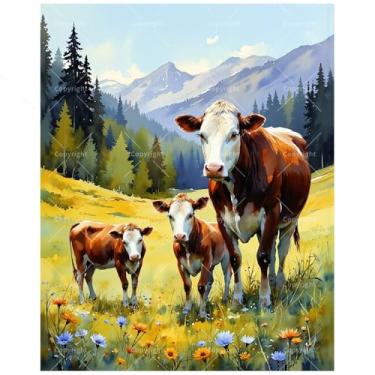 Imagem de Kit de pintura de animais de fazenda por números para adultos – família de vacas DIY em campo de montanha com pintura de flores silvestres em tela, conjunto de tinta acrílica para iniciantes, arte