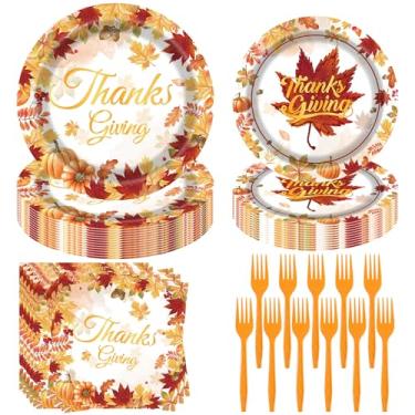 Imagem de Artigos de festa de outono, 96 peças, pratos de papel de Ação de Graças, guardanapos, garfos - Conjunto de utensílios de mesa descartáveis de folha de bordo de outono para decorações de festa de
