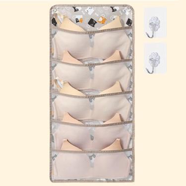 Imagem de Bolsa suspensa para armazenamento de sutiã, dispositivo de armazenamento de roupas íntimas com bolso de malha, suporte de armário montado na parede economiza espaço (bege + 2 ganchos)