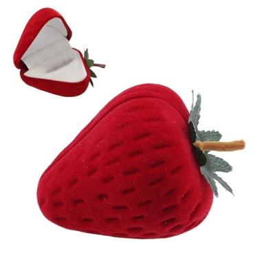 Imagem de Cofre de Armazenamento Anéis em Forma Morango Fofo Recipiente Flocado Jóias Protetor Casamento Presente Dia dos Namorados