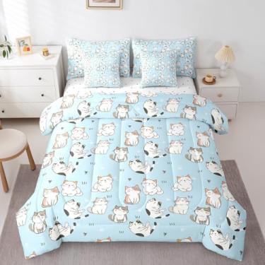 Imagem de Erosebridal Jogo de cama de solteiro com estampa de pata Kawaii, 7 peças, estampa de pata, desenho animado de animais e edredom, azul