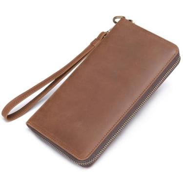 Imagem de MUSM Carteira masculina de couro legítimo, carteira com zíper de grande capacidade com bolso para telefone, carteira de viagem de negócios para homens