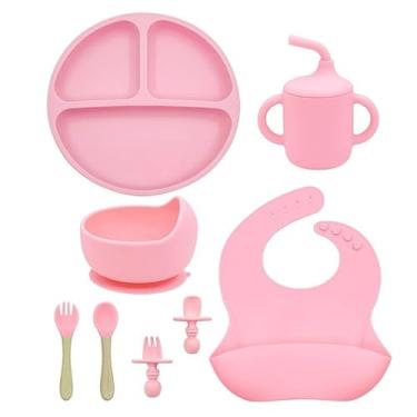Imagem de Peças Talheres de Silicone para Bebê com Ventosa – Prato, Tigela, Copo, Colher, Garfo, Babador Infantil (8 pcs/Rosa)