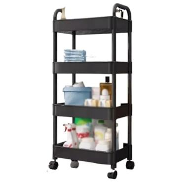 Imagem de Carrinho utilitário de cozinha preto com rodas, rack organizador de banheiro à prova d'água, armazenamento de chuveiro de 4 níveis, carrinho de artesanato e de cabeceira, prateleiras de plástico