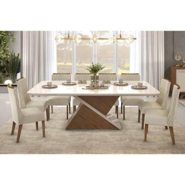 Imagem de Conjunto: Mesa Sala Jantar Zafira c/ Tampo Madeirado c/ Vidro 200x100cm e 8 Cadeiras Jade Freijo/Off White - Linho Neve Bege - DJ Móveis