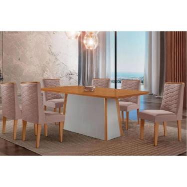 Imagem de Conjunto Mesa Tilia c/ Tampo Madeirado Canto Curvo 180x90cm e 6 Cadeiras Dafne Madeira Maciça Naturale/Off White - Capuccino/Linho Capuccino-Rufato