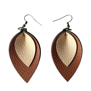 Imagem de TIANHONGYAN Brincos femininos de couro boho com folhas em gota de lágrima, feitos à mão, boêmio, leve, de couro de camada dupla, pingente de gota, joia para presente, Small, Couro, Sem pedra preciosa