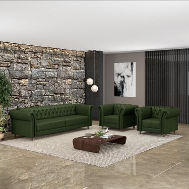 Imagem de Conjunto Sala de Estar 1 Sofá Living 220cm e 2 Poltronas Stanford Chesterfield Pés Madeira Couro Verde Manchado G58 - Gran Belo