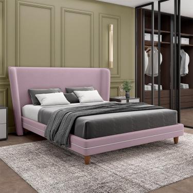 Imagem de Conjunto Cama com Cabeceira King Torres Pés em Madeira Veludo Rosê G91 - Gran Belo
