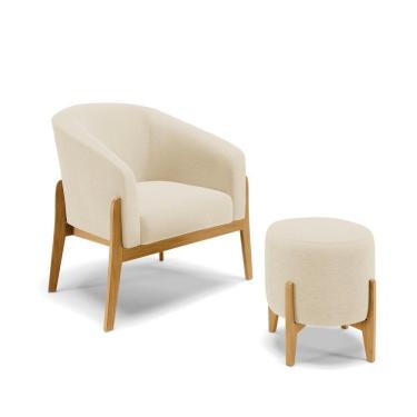Imagem de Kit Poltrona E Puff Base Madeira Castanho Cor A19 Bege