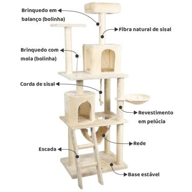 Imagem de Arranhador de gato grande, luxuoso, multifuncional com casas, cama de pelúcia, cesto, rede, poleiros e brinquedos