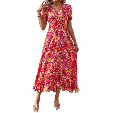 Imagem de Vestido PRETTYGARDEN Envelope Decote V Floral Maxi Rosa Amarelo M