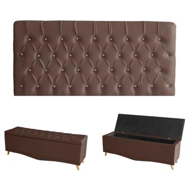 Imagem de Kit Estrela Cabeceira De Cama Painel E Calçadeira Baú Botão Cristal Queen 160 Cm Suede Rosê Do Lar Móveis E Decoração