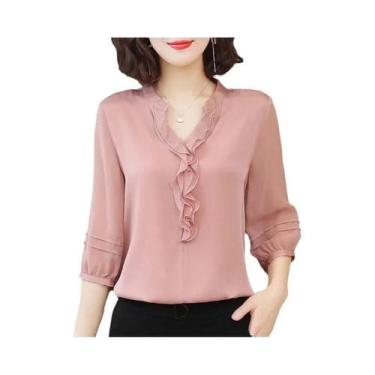 Imagem de Blusa Feminina Com Decote Em V E Acabamento Com Babados, Manga Três Qu