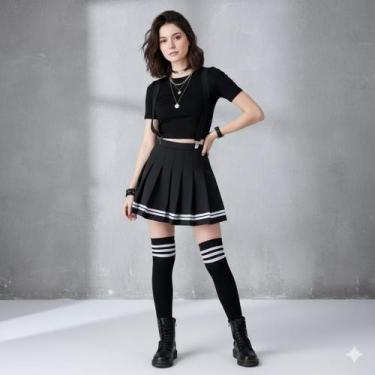 Imagem de Saia College+meia +suspensorio Cosplay Coreano Colegial Kit Cor:PretoT