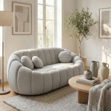 Imagem de Sofá Curvo Orgânico Confortável Concha Bouclê Cinza Claro - Montanari 