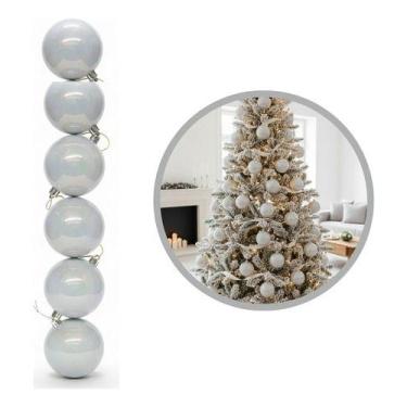 Imagem de 6 Bolas Grandes Árvore Natal 8cm Peroladas Luxo Enfeite, Prateado
