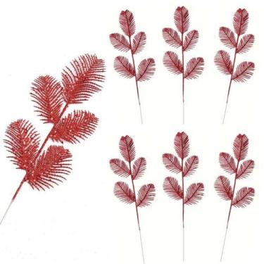 Imagem de Kit 6 Galho Folha Decorativa Arvore Vermelha Gliter 38cm - Florarte
