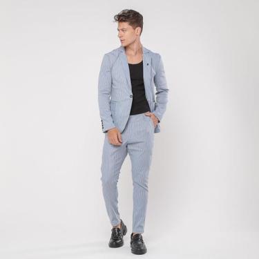 Imagem de Calça Masculina Slim Social Cropped Alfaiataria Esporte Fino Cor:Azul+