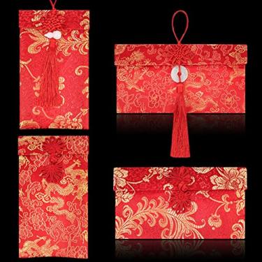 Imagem de 4 peças envelope vermelho seda bolso vermelho chinês dinheiro da sorte Hong Bao cartão envelope para festival da primavera casamento ano novo aniversário, 4 estilos com pingente de jade de nó chinês moeda de cobre (4)
