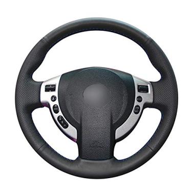 Imagem de MVMTVT Capa de volante de carro para Nissan Qashqai 2007-2013 Rogue 2008-2013 X Trail, costurado à mão preto couro PU capa de volante para carro enrole linha branca