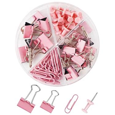 Imagem de Conjunto de clipes de papel e fichário, fichários de metal de tamanhos variados com alfinetes, material de escritório fofo para mesa, acessórios de mesa (rosa)